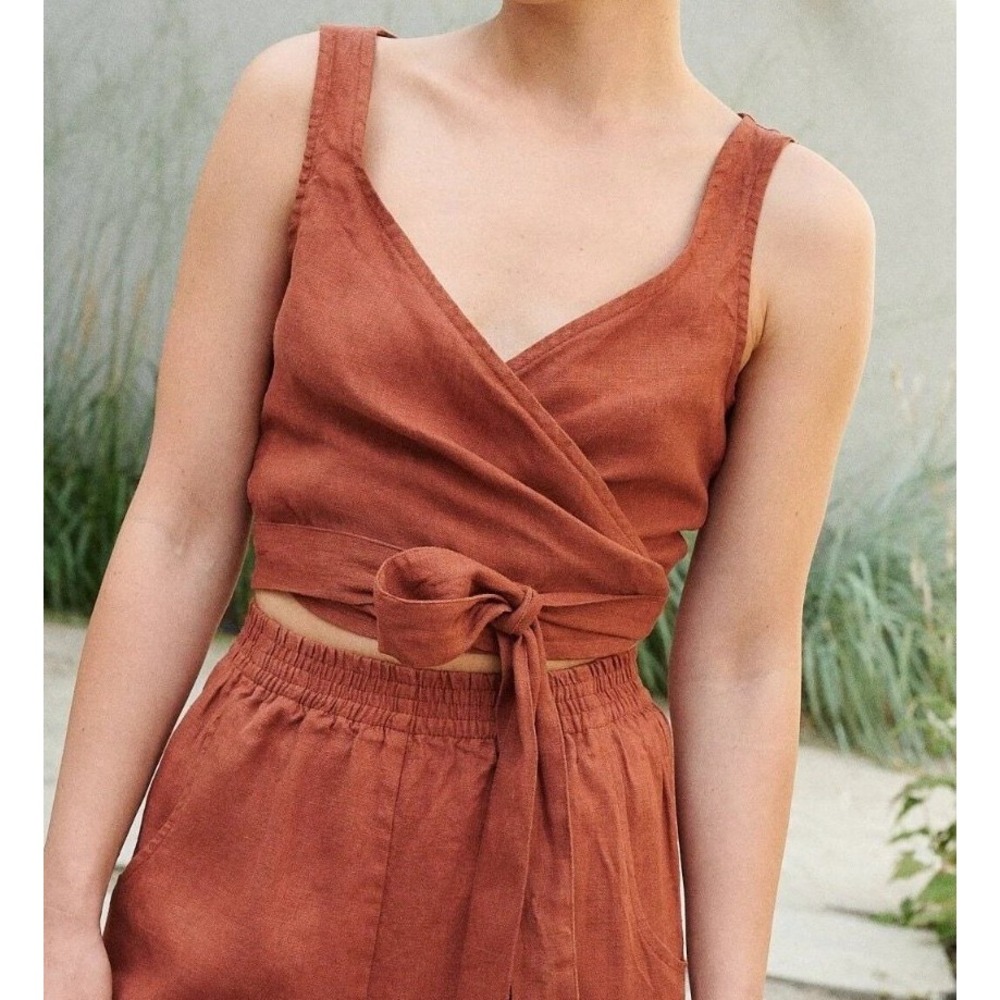 Linenfox Soja Linen Wrap Top Terracotta Rust Sleeveless V-Neck Crop XS Boho